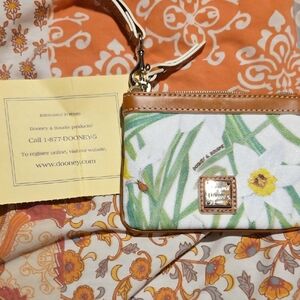 Dooney & Bourke White Floral Canvas Wristlet with Tan Trim